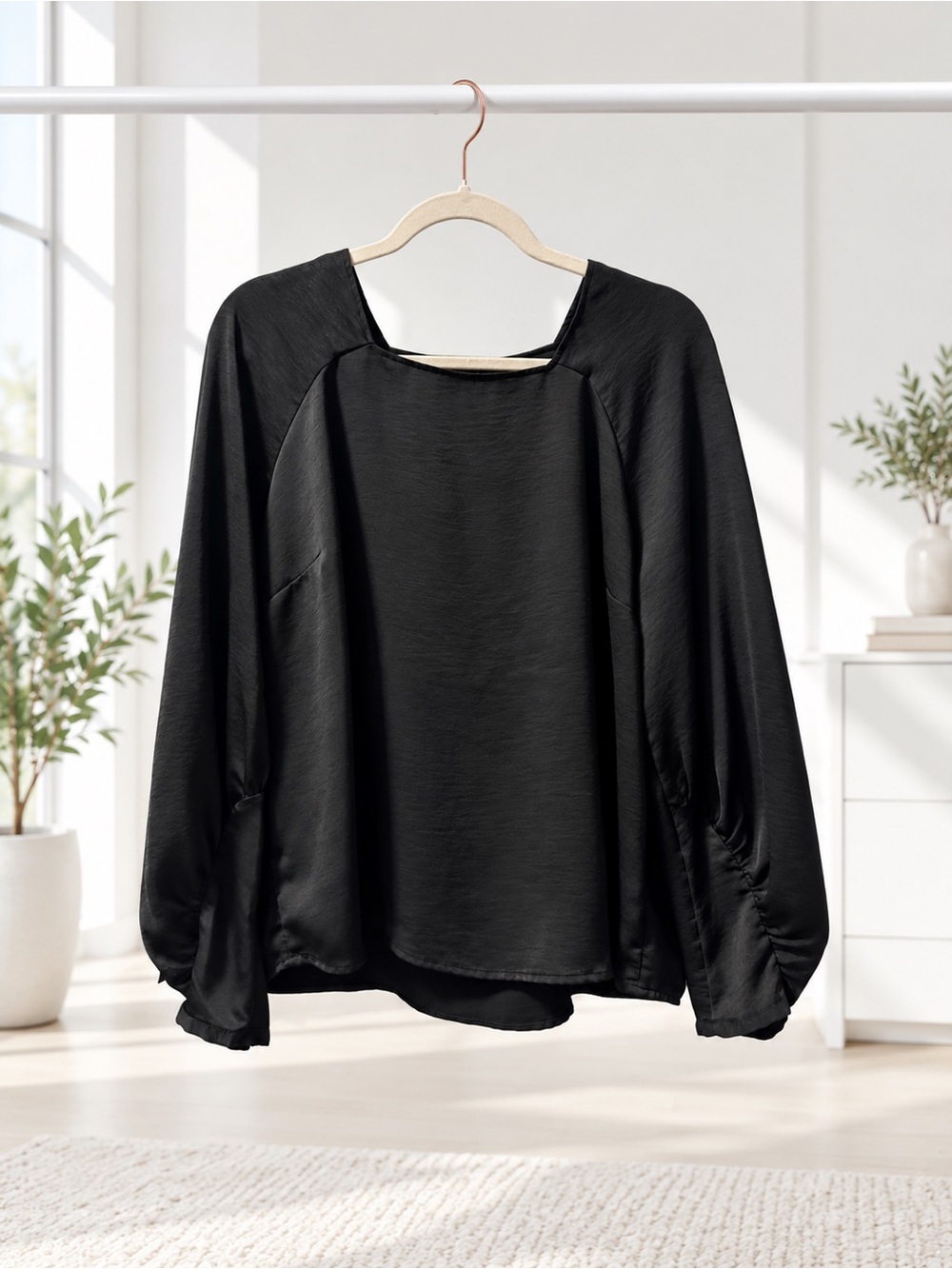 Prologue Black Satin Balloon-Sleeve Blouse